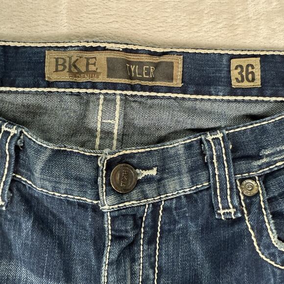 BKE Jean Men 36x35 Blue Tyler Straight Buckle Stretch Denim Western Thick Stitch - Picture 2 of 9